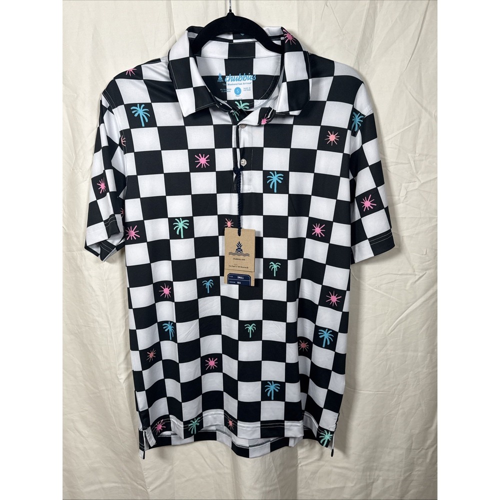 Chubbies Mens Black&white Checkered with‎ palm tree performance golf shirt S